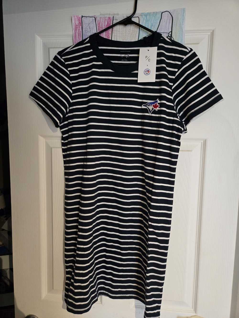 Striped Navy and White Midi Dress with Embroidered Logo